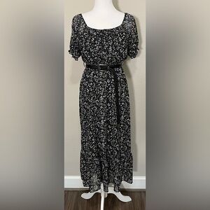 Boho Prairie Belted Puffy Sleeve Black Floral Midi Dress Size L